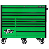 Green Extreme Tools RX Series Roller Cabinet With Multiple Black Handled Drawers Mounted On Caster Wheels