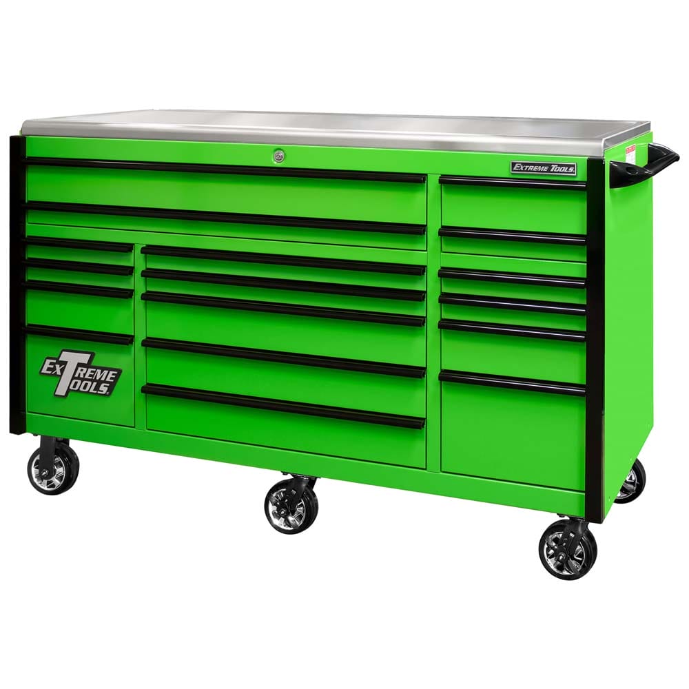 Green Extreme Tools Roller Cabinets Heavy Duty With Black Accented Drawers, A Stainless Steel Top, And Caster Wheels