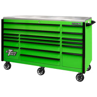 Green Extreme Tools Roller Cabinets Heavy Duty With Black Accented Drawers, A Stainless Steel Top, And Caster Wheels