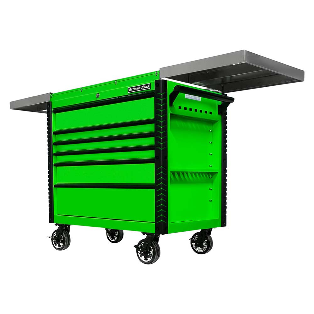 Green Extreme Tools Rolling Tool Cart With Several Drawers And An Extended Stainless Steel Work Surface On Top