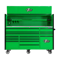 Green Extreme Tools Rolling Tool Chest With An Open Top Hutch Pegboard Backing Multiple Drawers And Caster Wheels For Mobility
