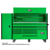 Green Extreme Tools Setup Featuring A Rolling Cabinet Open Hutch With Pegboard Tool Storage And A Matching Vertical Side Locker