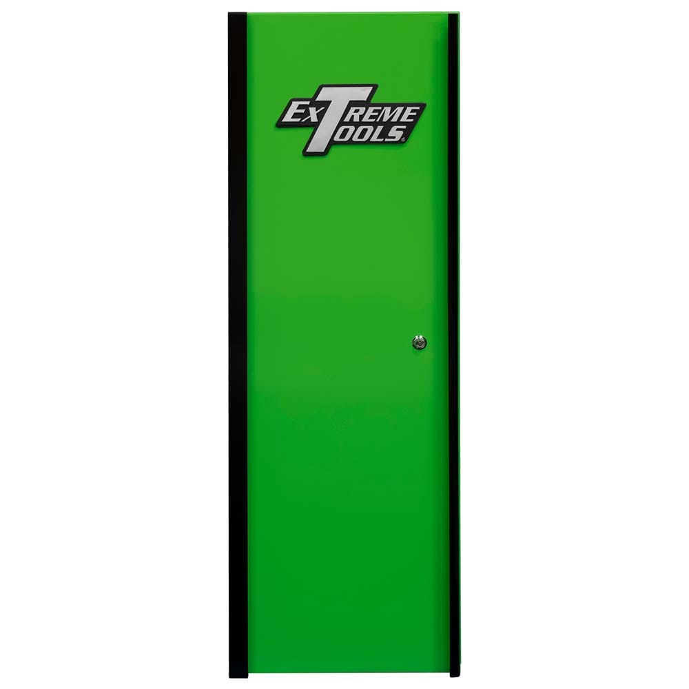 Green Extreme Tools Side Cabinet Tool Box With Drawers With Black Edges And The Door Closed Featuring The Extreme Tools Logo On The Front