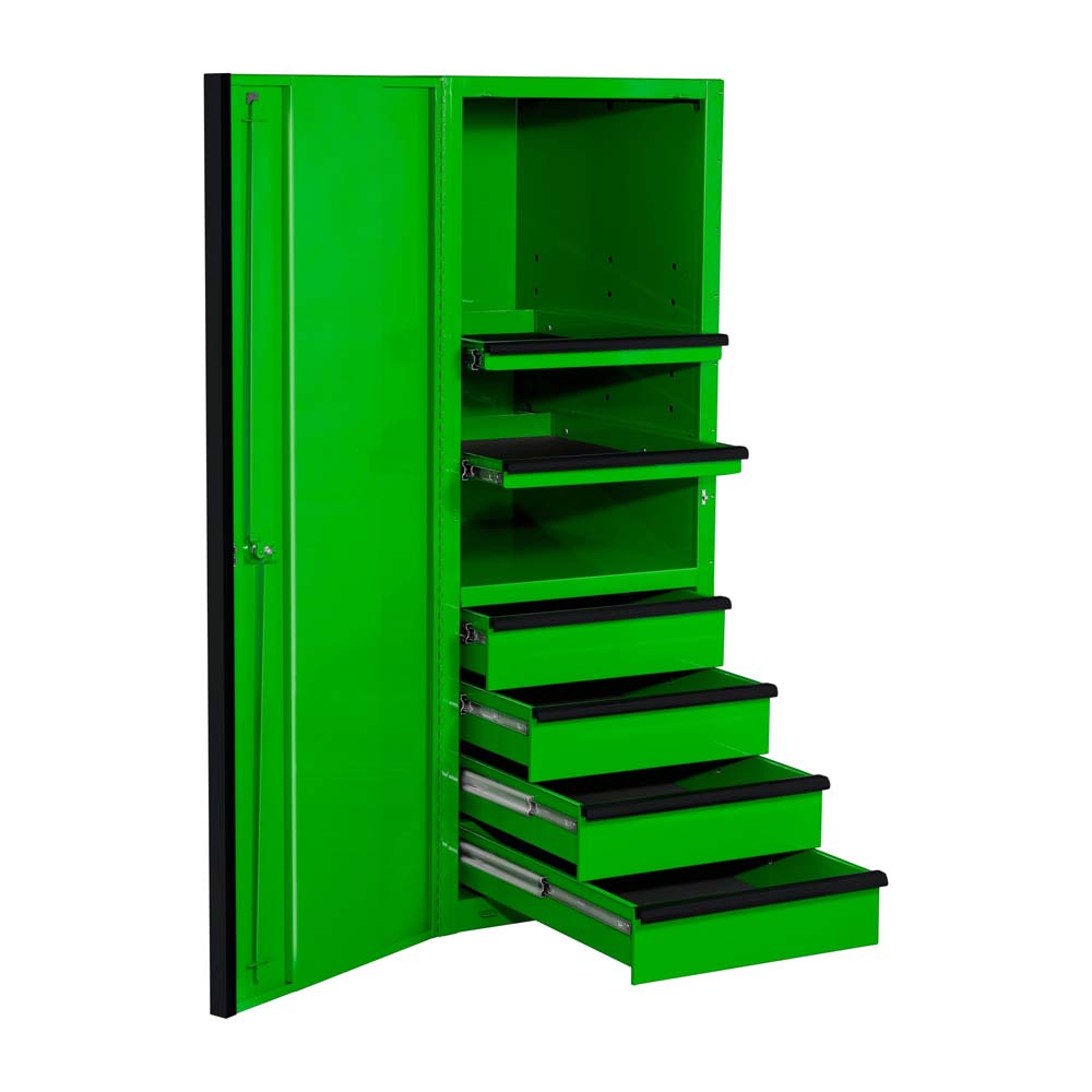 Green Extreme Tools Small Side Cabinet Tool Box With Its Door Open, Revealing Multiple Drawers And Shelves Inside