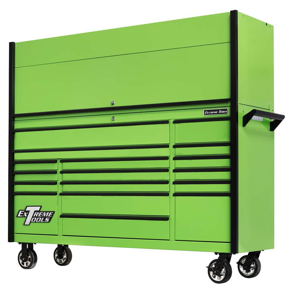 Green Extreme Tools Storage Cabinet With A Fully Closed Top Section Evenly Aligned Drawers Side Handle And Smooth-Rolling Caster Wheels