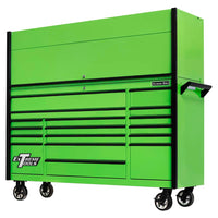 Green Extreme Tools Storage Cabinet With A Fully Closed Top Section Evenly Aligned Drawers Side Handle And Smooth-Rolling Caster Wheels