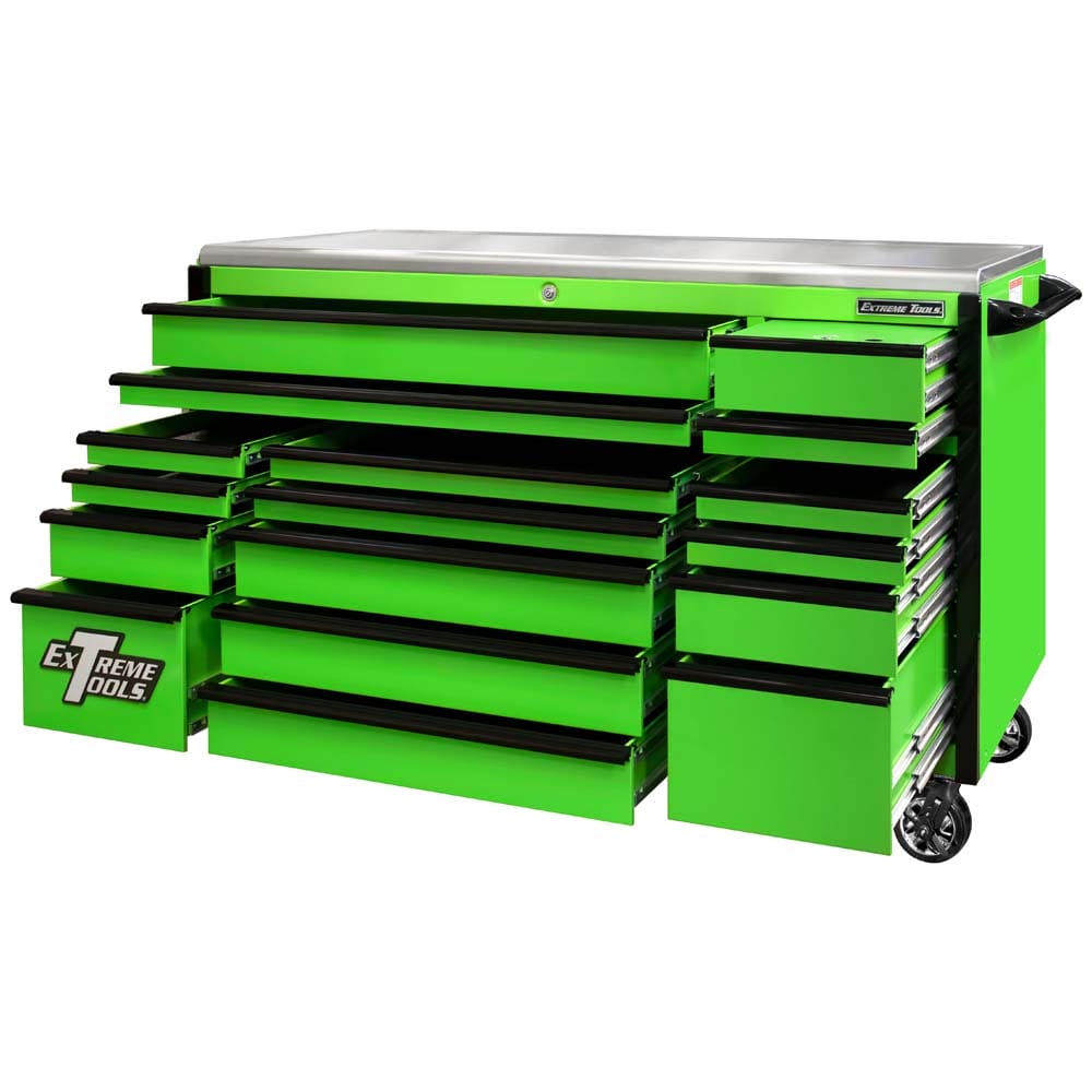 Green Extreme Tools Tool Box Chest With Multiple Drawers All Of Which Are Partially Open