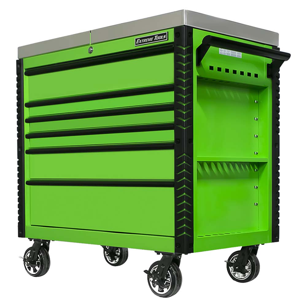 Green Extreme Tools Tool Chest Trolley With A Stainless Steel Top Featuring Six Closed Drawers And A Side Handle