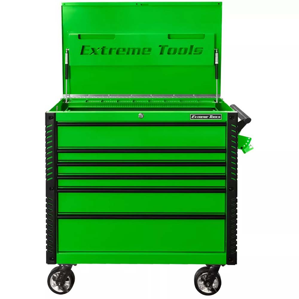 Green Extreme Tools Tool Chest Trolley With A Stainless Steel Top Featuring Six Closed Drawers And A Side Handle
