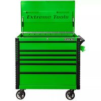 Green Extreme Tools Tool Chest Trolley With A Stainless Steel Top Featuring Six Closed Drawers And A Side Handle