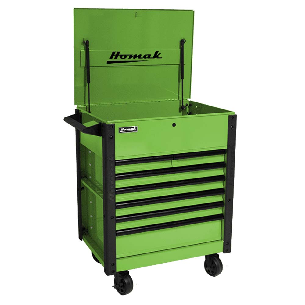 Green Homak 35 7 Drawer Service Cart With Multiple Drawers, A Top Compartment With An Open Lid And Wheels