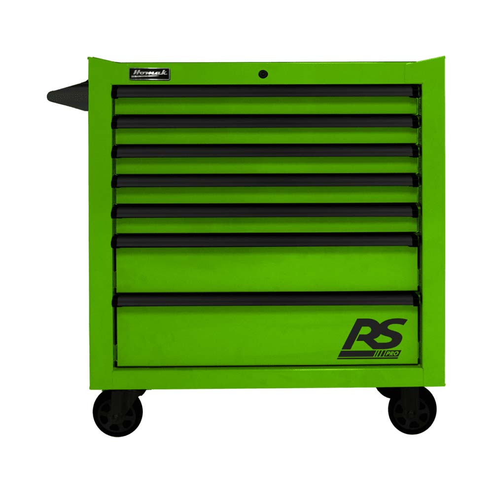 Green Homak 36 RS Pro Roller Cabinet With Seven Drawers Featuring Black Handles Mounted On Caster Wheels