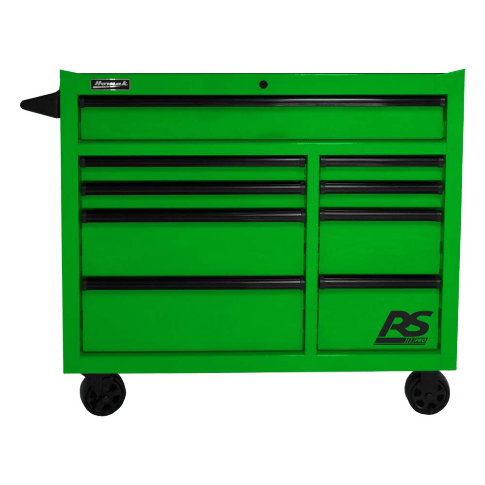 Green Homak 41 9-Drawer Roller Cabinet With Black Handles And The Logo RS Pro On One Of The Lower Drawers, All Mounted On Black Caster Wheels
