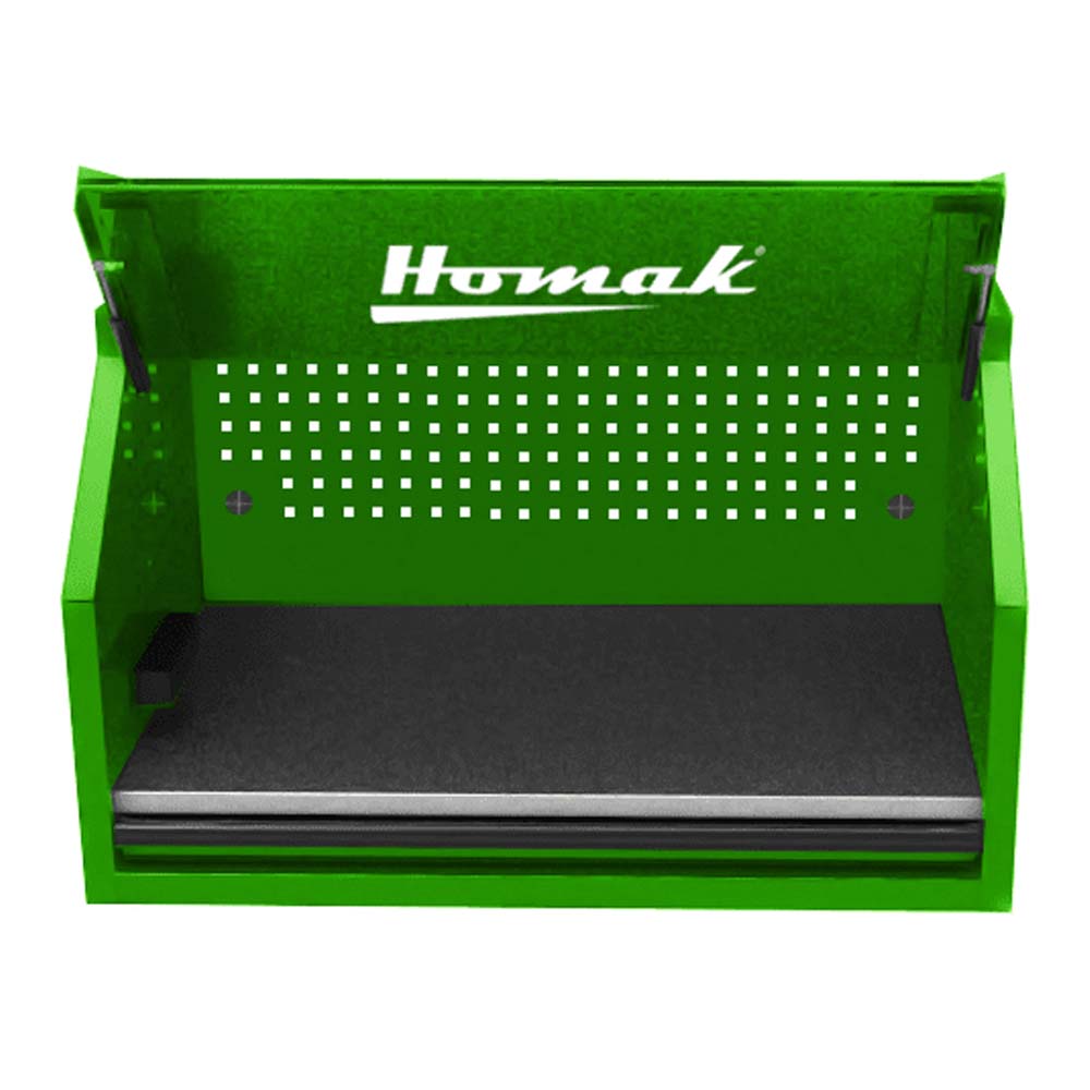 Green Homak 41 Inch Top Hutch Featuring a Perforated Panel On-The Front And A Black Mat At The Bottom