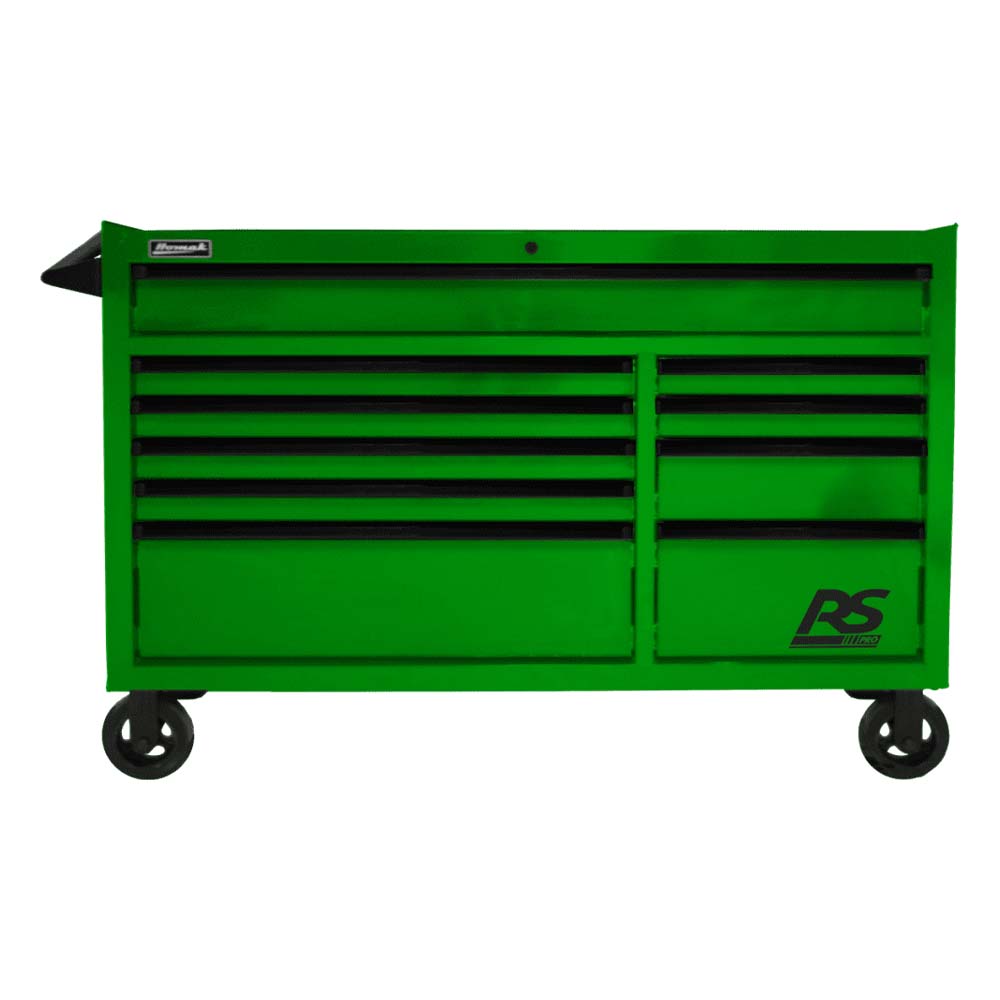 Green Homak 54 RS Pro 10-Drawer Roller Cabinet With Multiple Drawers And A Handle On The Left Side