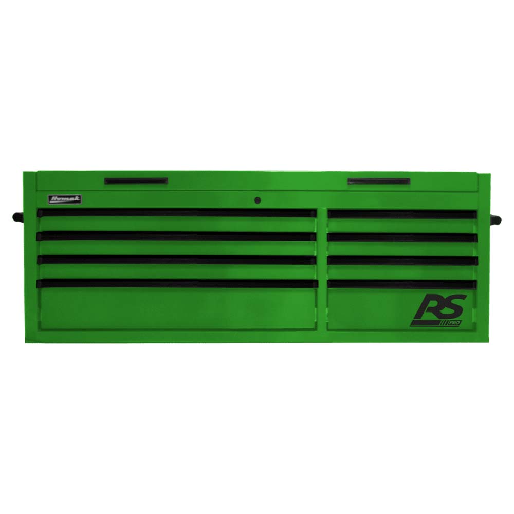 Green Homak 54 RS Pro Top Chest With Multiple Drawers, Ventilation Slots On The Top, And The RS Logo Displayed On The Bottom Right Drawer