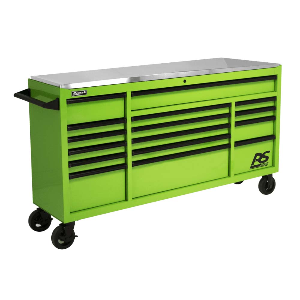 Green Homak 72 Roller Cabinet RS Pro With Numerous Drawers, A Stainless Steel Worktop Surface, And Caster Wheels