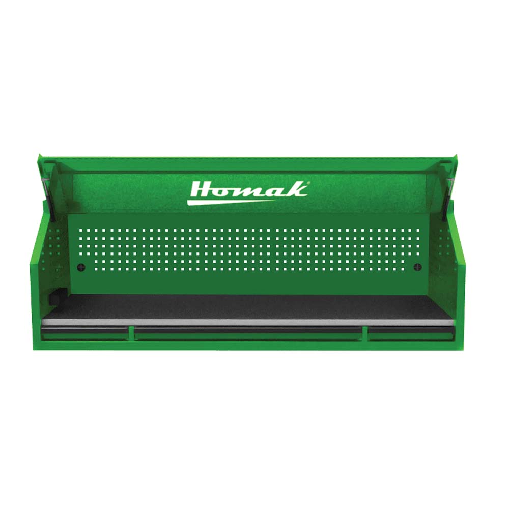 Green Homak RS Pro Top Hutch With Its Lid Open Featuring A Perforated Back Panel And A Spacious Interior
