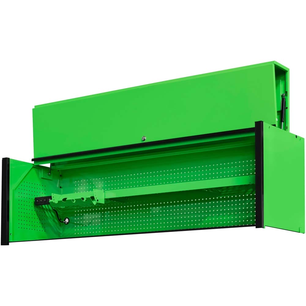 Green Hutch Workstation With Black Trim Featuring An Open Top Compartment And A Perforated Back Panel Equipped With Tool Holders