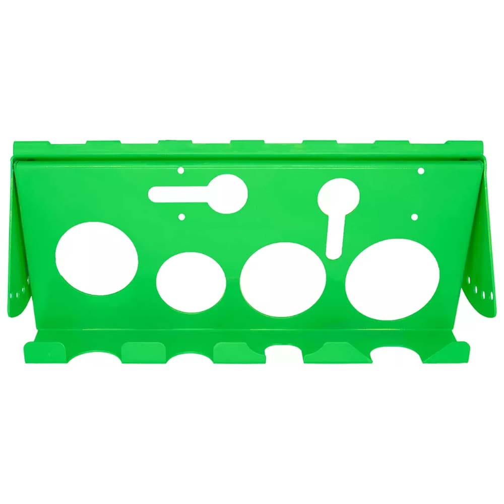 Green Metal Tool Holder With Multiple Circular And Keyhole Shaped Cutouts