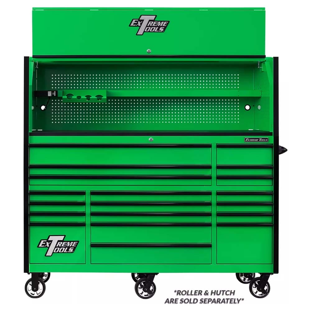 Green Rolling Tool Chest With A Top Hutch Featuring Multiple Drawers Pegboard Panel And Extreme Tools Branding