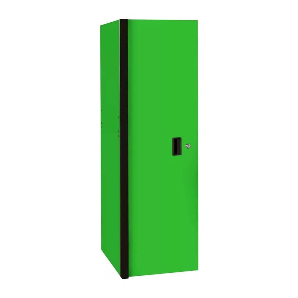 Green Side Cabinet For Toolbox By Extreme Tools With A Single Door, A Recessed Handle, A Lock, And A Black Trim Along One Side