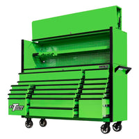 Green Tool Cabinet On Wheels With Multiple Drawers Pulled Out And An Open Top Section