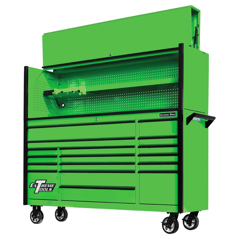 Green Tool Cabinet With An Open Top Lid Black Side Trim Caster Wheels And A Perforated Pegboard Interior