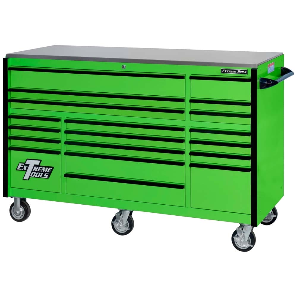 Green Tool Chest From Extreme Tools RX Series 72 With Black Drawer Handles And Accents