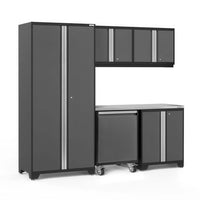 Grey Garage Cabinet System With Tall Locker Upper Wall Cabinets Metal Worktop And Rolling Base Unit