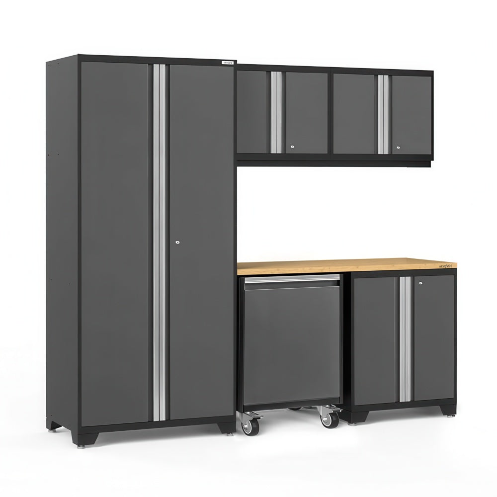 Grey Modular Garage Cabinet Set With Tall Locker Wall Cabinets Wood Worktop And Rolling Base Unit