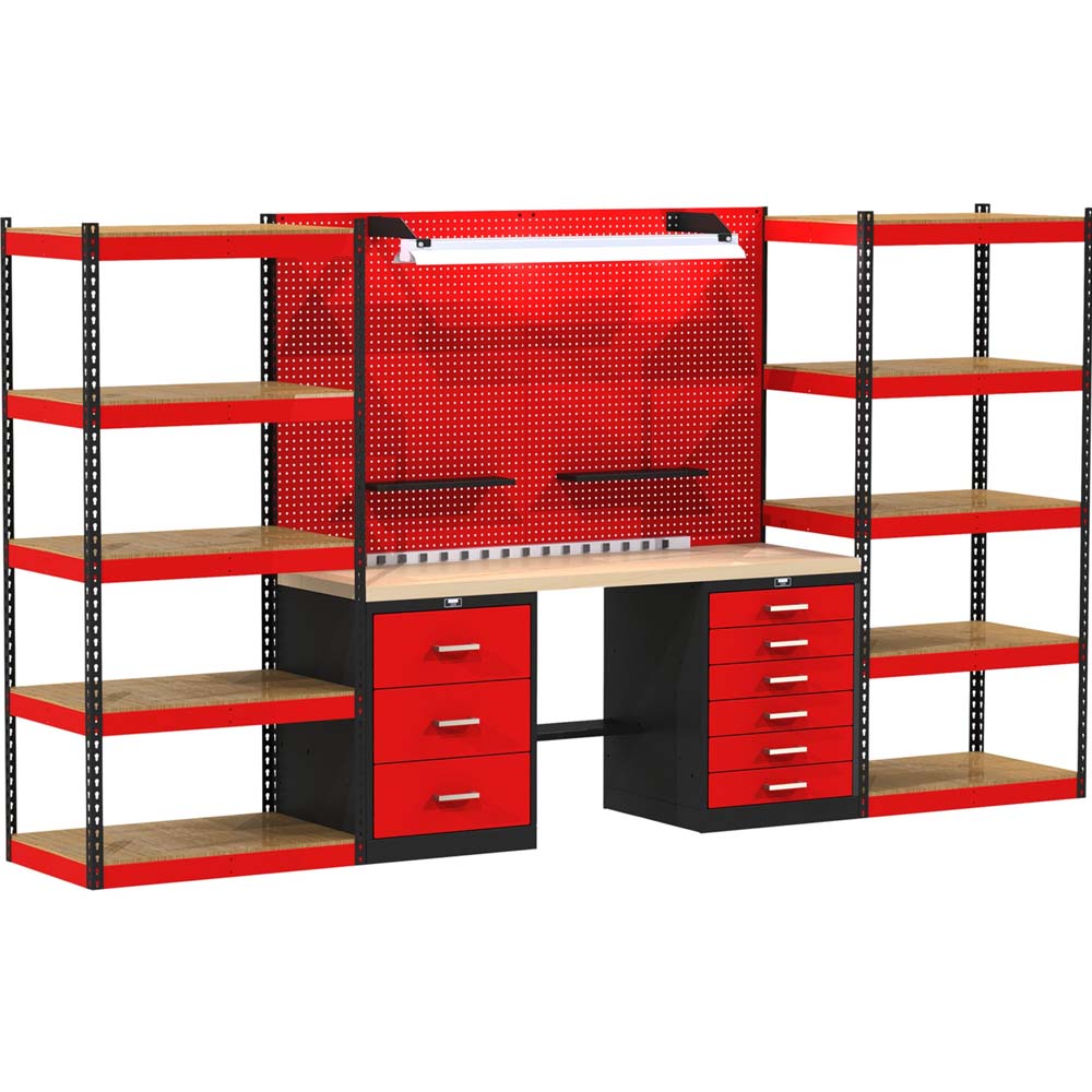 Hallowell 132 Inch Open Storage Workbench With Wood Top With A Pegboard Drawers And Shelving Units On Either Side