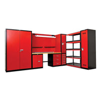 Hallowell 210 Inch Modular Workbench With Steel Top Featuring Tall Cabinets Shelving Units Drawers And A Workbench With A Pegboard Backdrop
