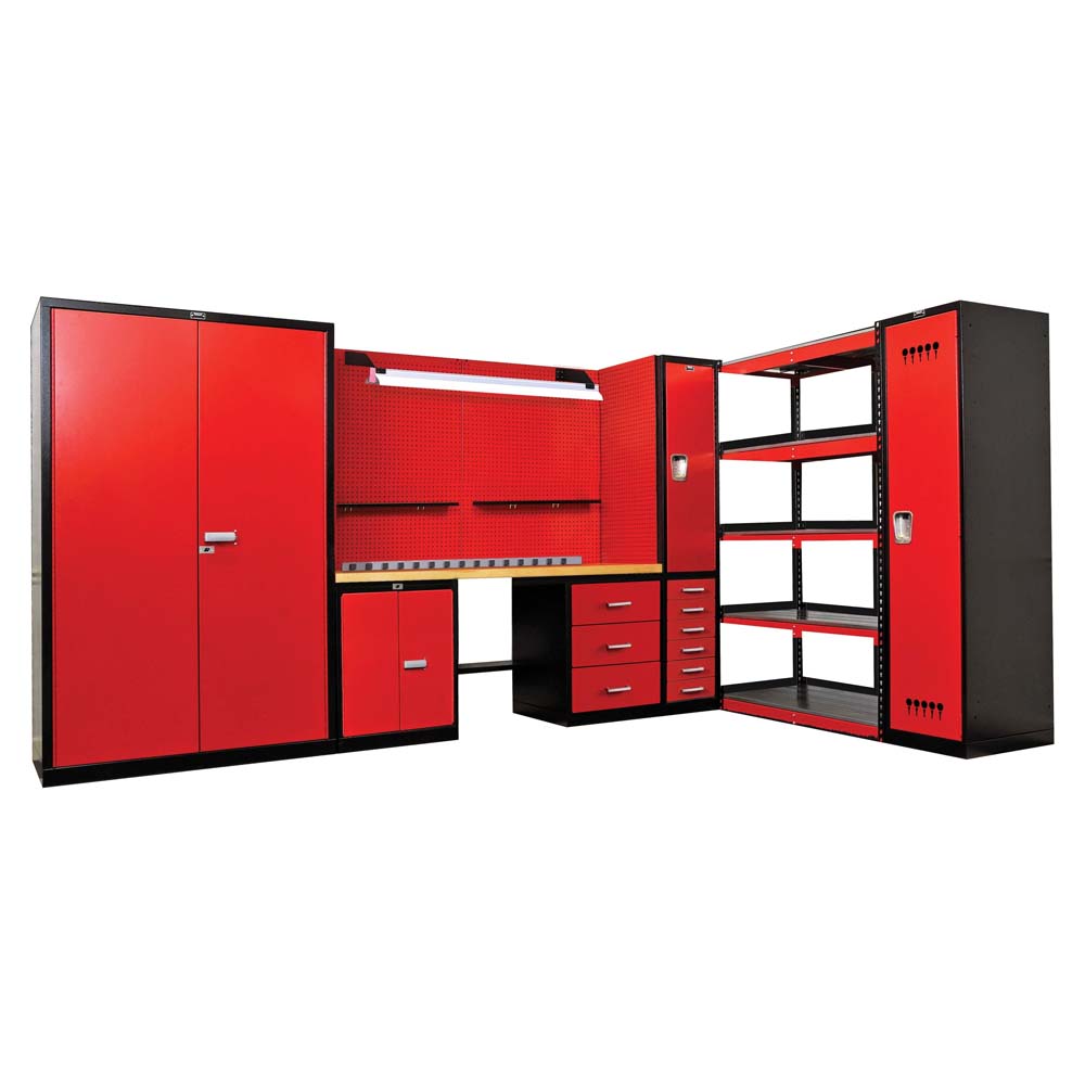 Hallowell 210 Inch Modular Workbench With Wood Top With Cabinets Drawers And Shelves