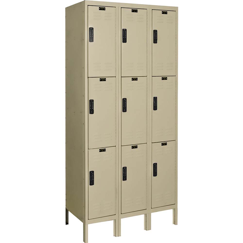 Hallowell 3-Wide Electronic Locker 36W x 18D Assembled With Black Combination Locks On Each Door