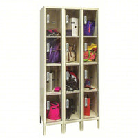 Hallowell 4-Tier Safety-View Plus Locker 3 With Transparent Doors Each Containing Various Personal Items Like Bags And Shoes