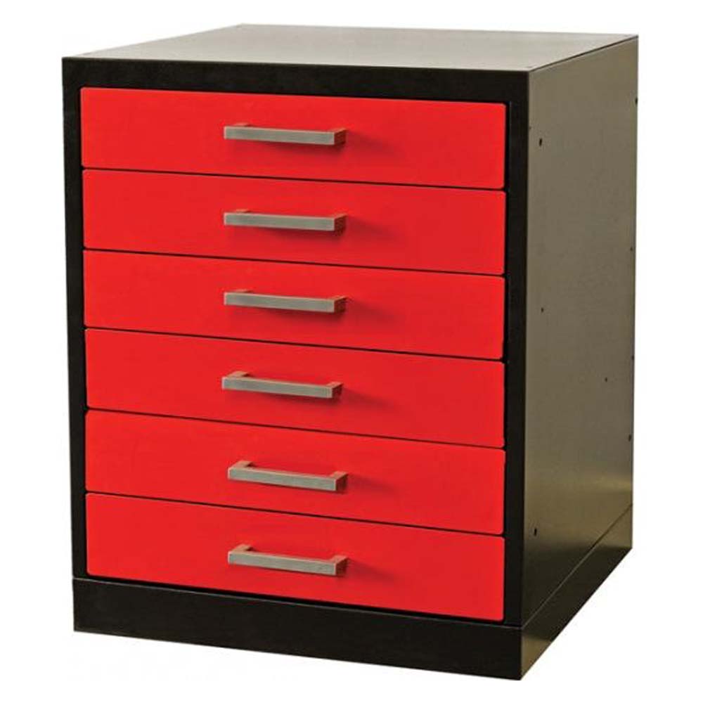 Hallowell 6 Drawer Workbench Storage With Six Red Drawers Features Sleek Silver Handles