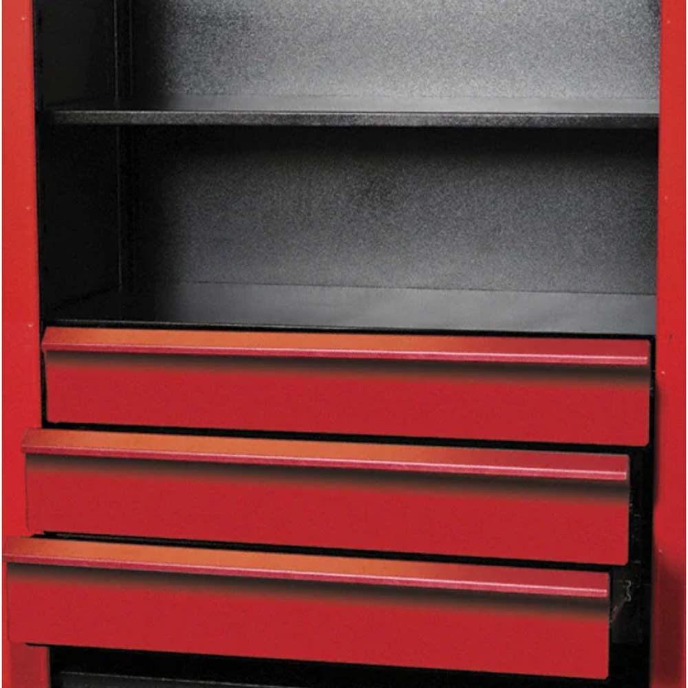 Hallowell Fort Knox Cabinet Drawer Kit 3 Drawer With Three Partially Open Drawers And An Empty Shelf Above Them
