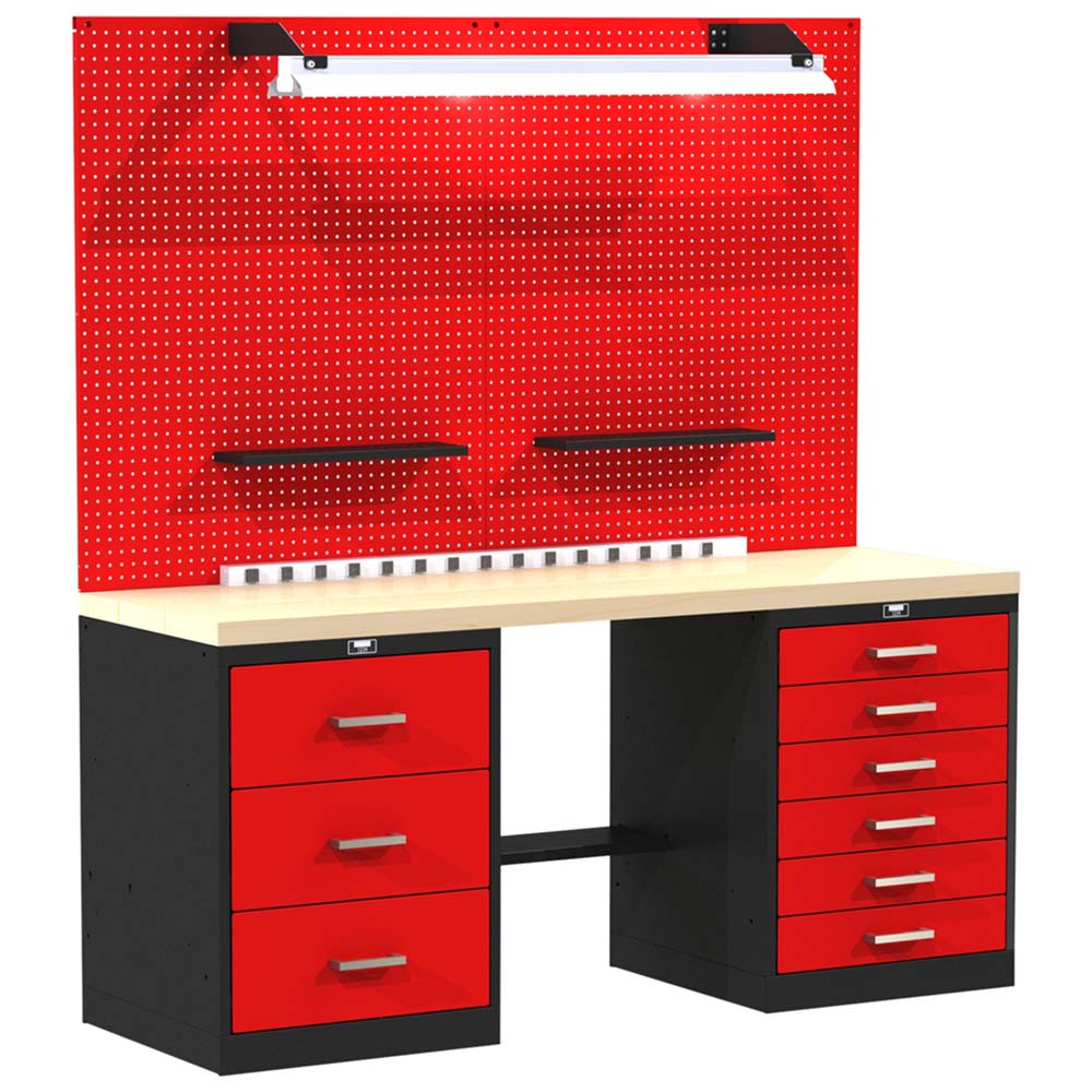 Hallowell Fort Knox Workbench 60 Inch With Wood Top Multiple Drawers A Pegboard Backing Two Shelves And An Overhead Light