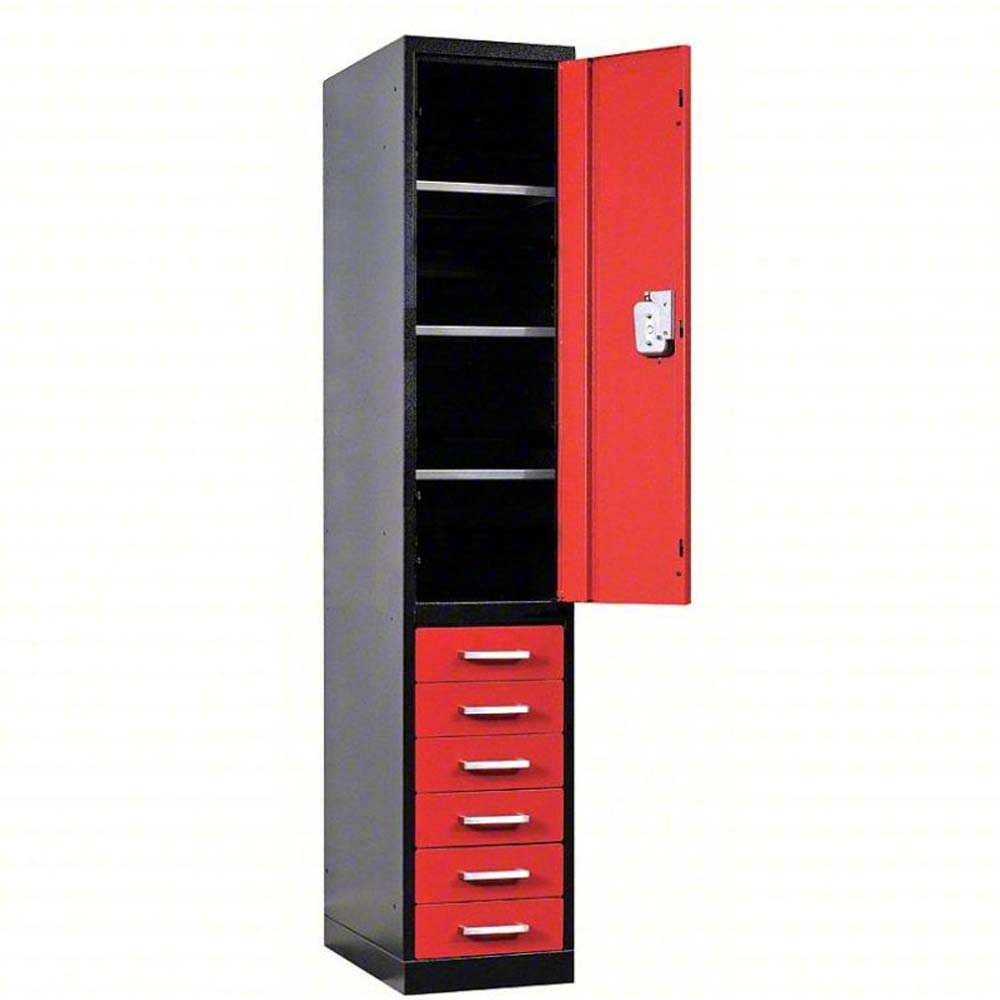 Hallowell Half Height 6 Drawer Locker With A Red Door And Six Red Drawers Featuring Open Shelves And A Lock On The Door