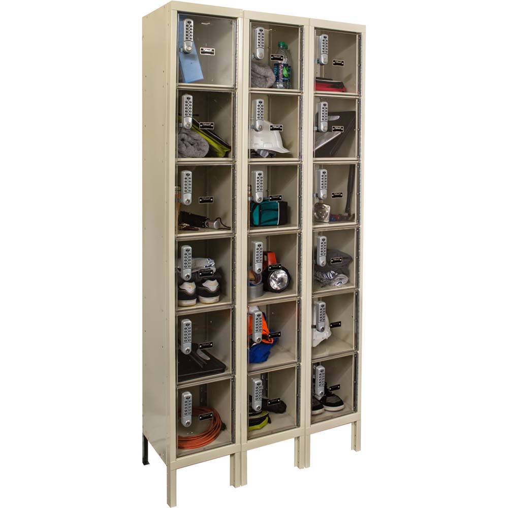 Hallowell Safety-View Plus Locker 36W x 78H 6-Tier Assembled Each Containing Various Personal Items And Electronic Devices Secured With Combination Locks
