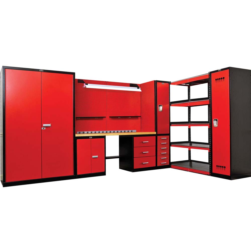 Hallowell Steel Top Workbench 60 Inches Featuring Bright Red Cabinets Drawers And Shelving Units With Black Framing