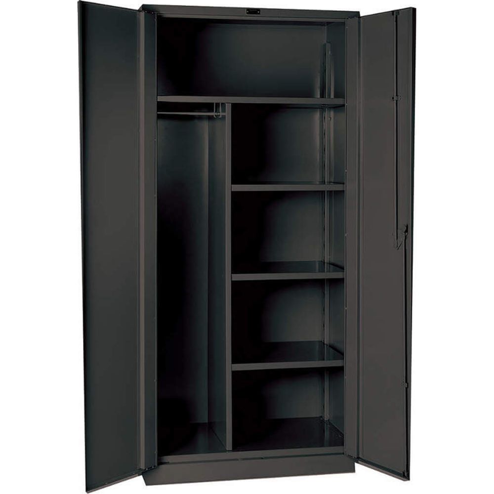 Hallowell Storage Cabinet Classic Series With Two Doors Opened To Reveal Multiple Shelves And A Hanging Rod