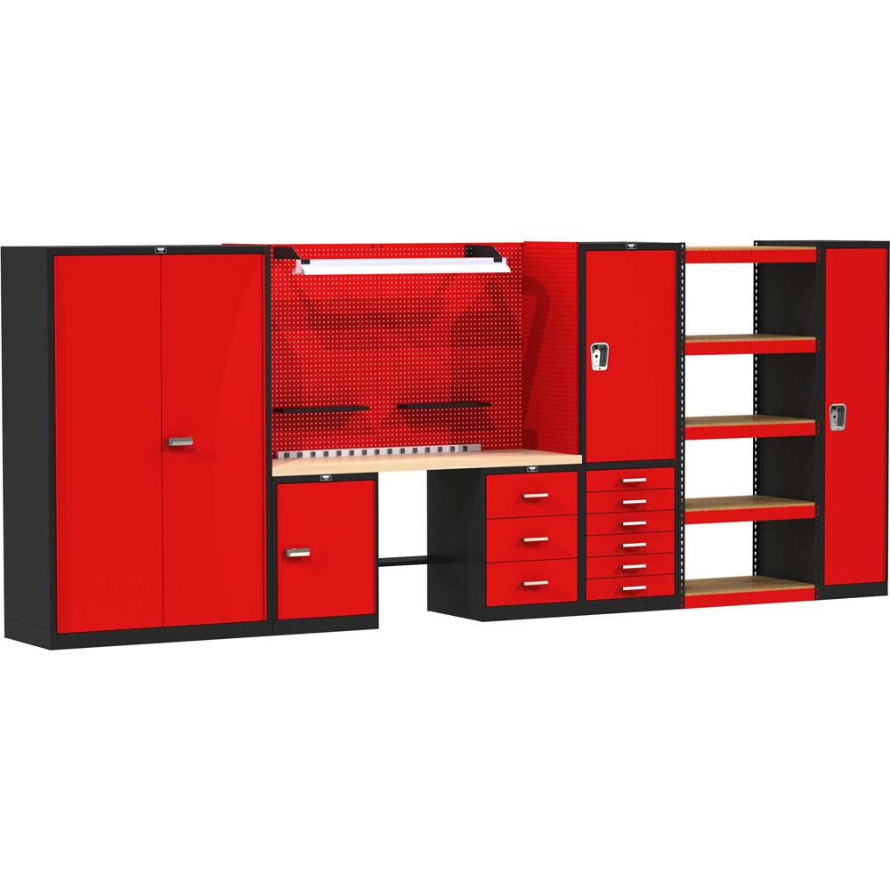 Hallowell Wood Top Workbench 168 Inches With Cabinets Shelves And A Workbench