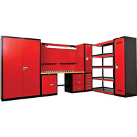 Hallowell Wood Top Workbench With Open Storage With Red Cabinets Drawers And Shelves Featuring A Wooden Workbench And A Pegboard