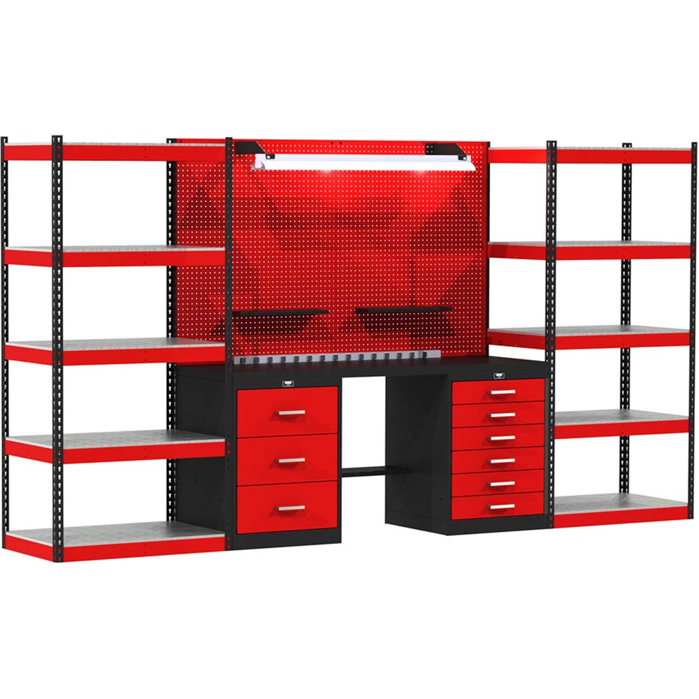 Hallowell Workbench 132 Inch With Steel Top With Multiple Shelves Drawers And A Pegboard Designed For Storage And Organization
