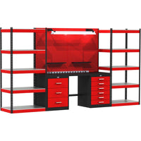 Hallowell Workbench 132 Inch With Steel Top With Multiple Shelves Drawers And A Pegboard Designed For Storage And Organization
