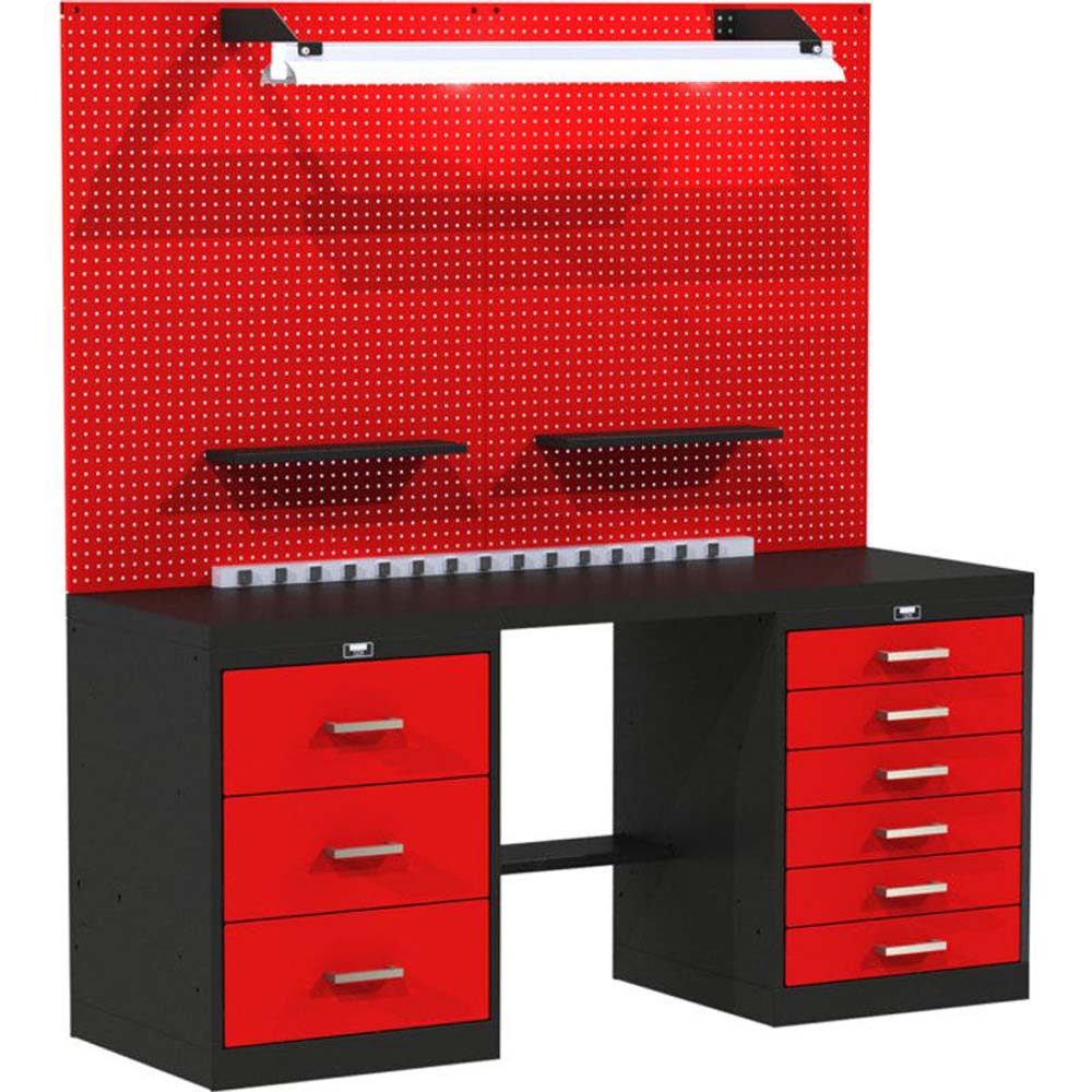 Hallowell Workbench 60 Inch With Multiple Drawers A Pegboard Back And A Light Fixture At The Top