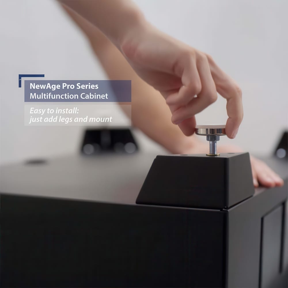Hand Installs An Adjustable Leveling Leg On A NewAge Pro Series Multifunction Cabinet