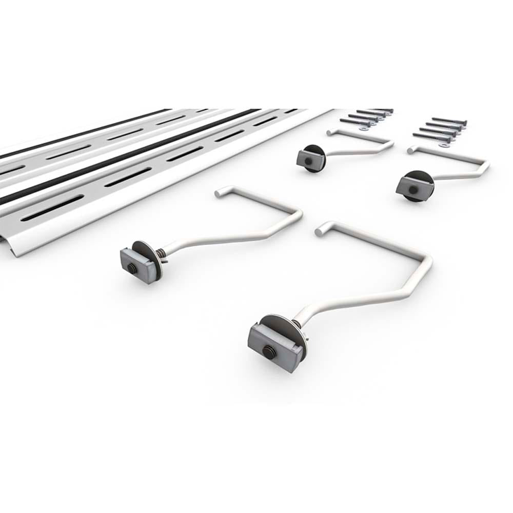 Hardware Mounting Kit That Includes Slotted Metal Bars Hooks With Attached Bases And A Set Of Screws And Washers